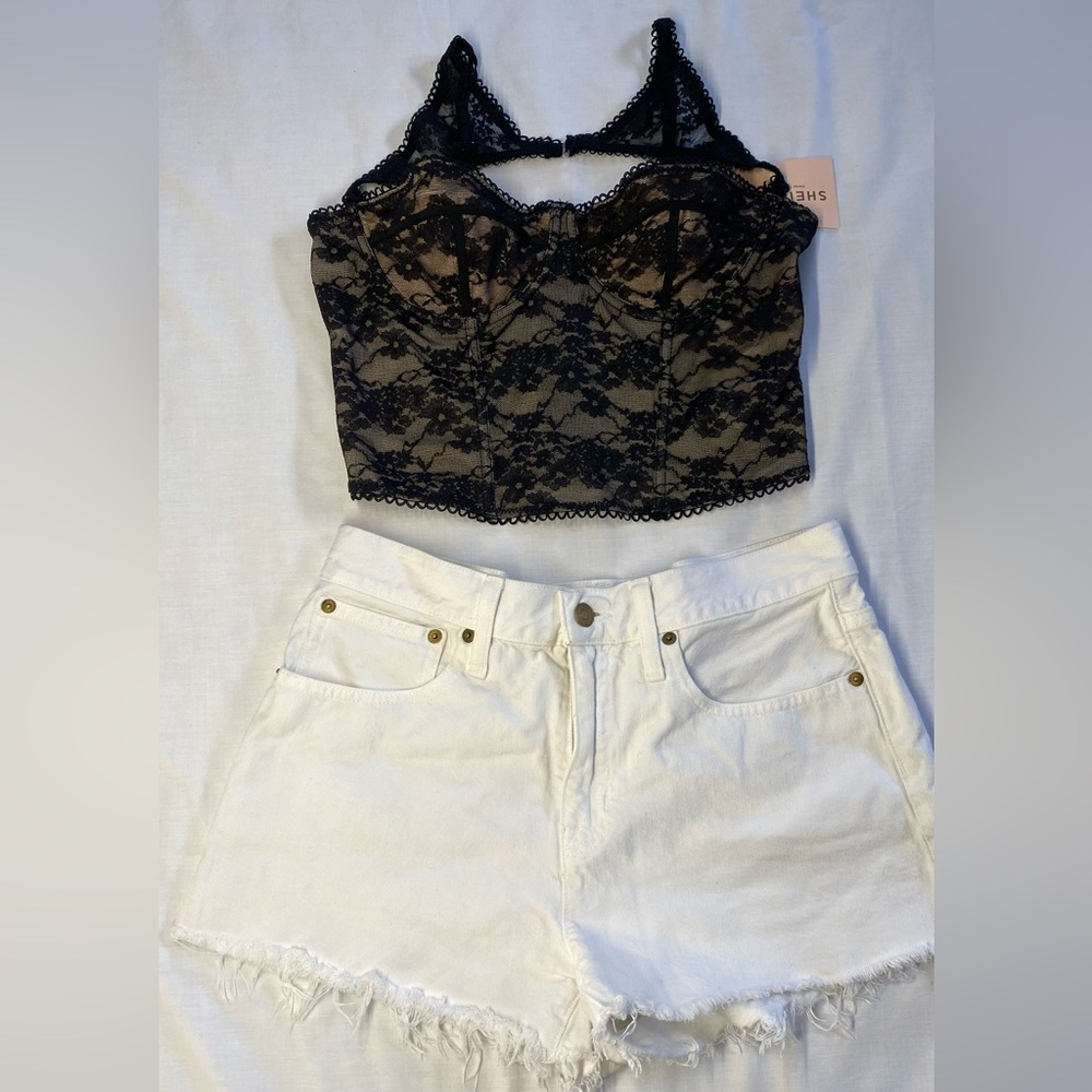 J. Crew shorts and SHEIN Black Lace Bustier Crop Top - Picture 1 of 6